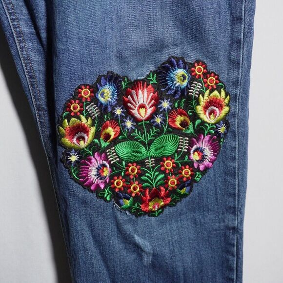 Womens‎ 18 UPCYCLED Flowers Boho Bug Punk Tall Boyfriend Straight Leg Blue Jeans - Picture 3 of 10